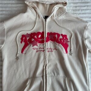 Cream and Pink Graphic Zip Up Hoodie